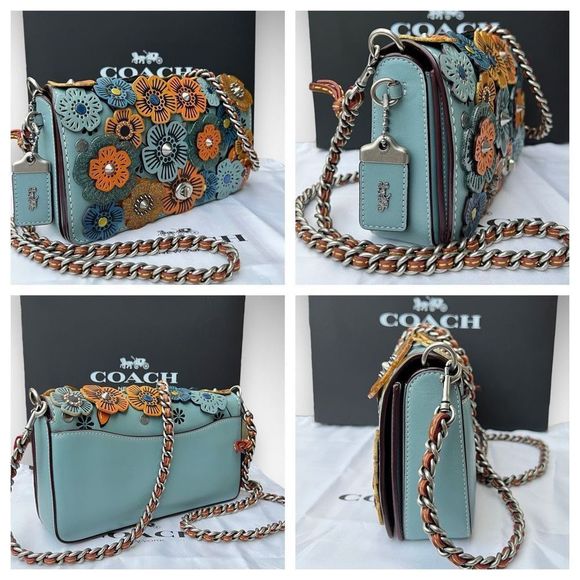 AUTH Coach 1941 Dinky with Glitter Tea Rose Bag, Dust Bag, Gift Box Steel Blue - Picture 5 of 16